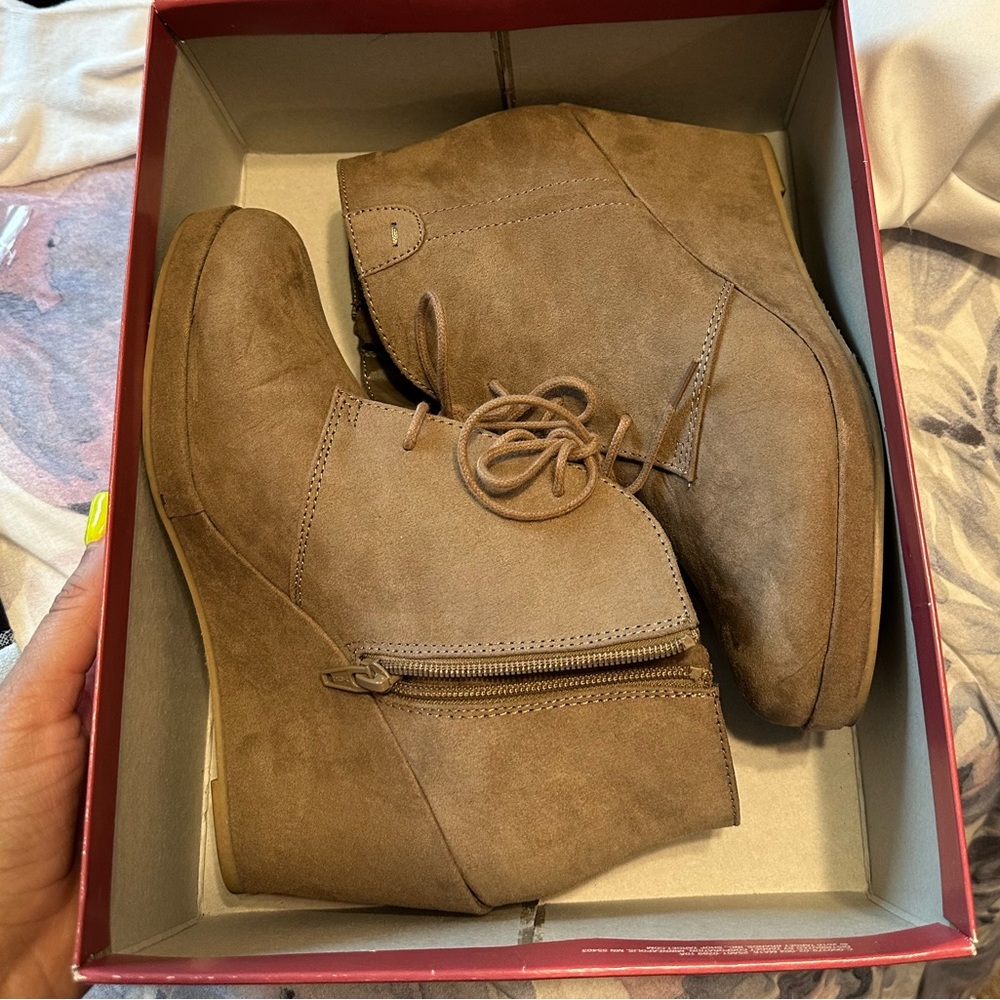 Slightly Used suede tan wedge booties (worn once )